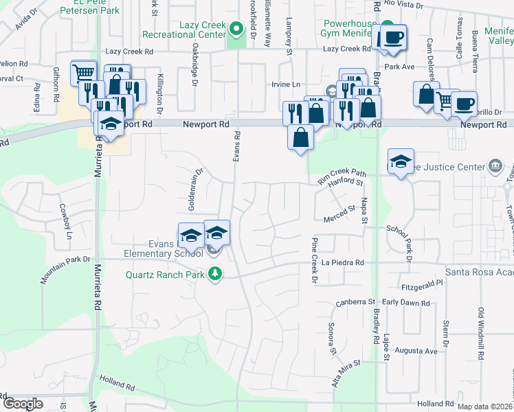 map of restaurants, bars, coffee shops, grocery stores, and more near 30316 Cherry Opal Lane in Menifee
