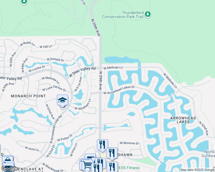 map of restaurants, bars, coffee shops, grocery stores, and more near 21642 North 58th Avenue in Glendale