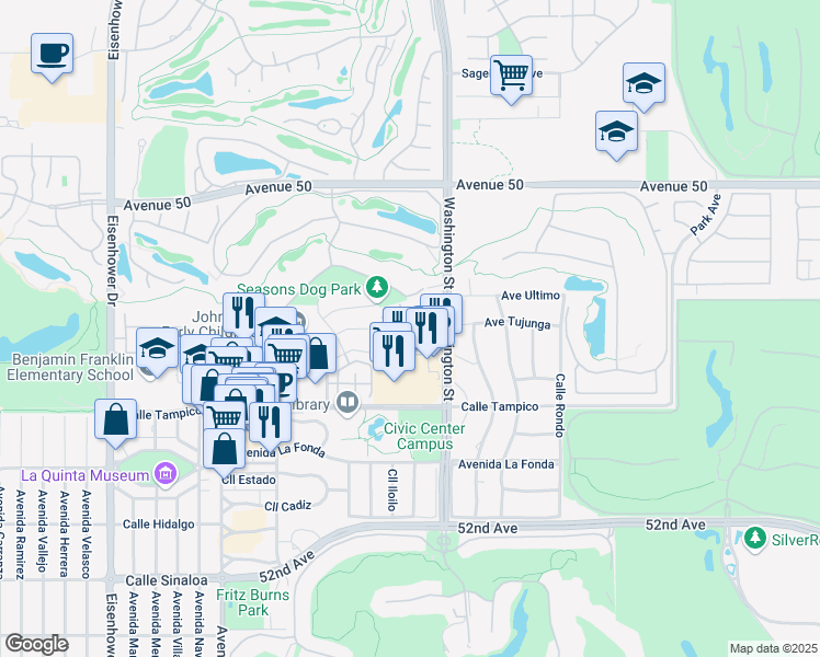 map of restaurants, bars, coffee shops, grocery stores, and more near 50-701 Washington Street in La Quinta