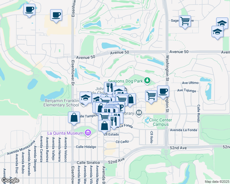 map of restaurants, bars, coffee shops, grocery stores, and more near 50630 Santa Rosa Plaza in La Quinta