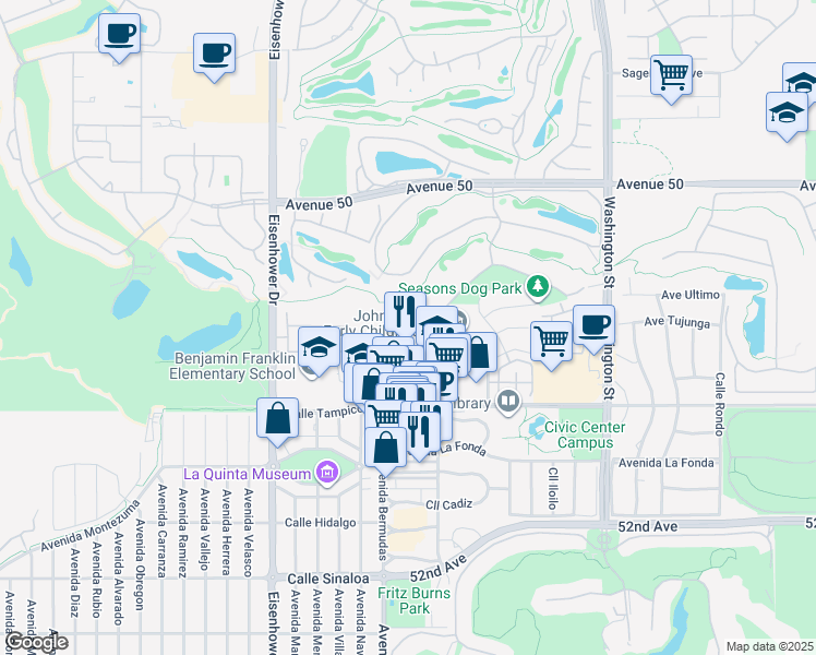 map of restaurants, bars, coffee shops, grocery stores, and more near 50630 Santa Rosa Plaza in La Quinta