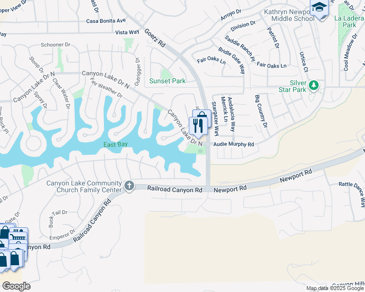 map of restaurants, bars, coffee shops, grocery stores, and more near 24311 Canyon Lake Drive North in Canyon Lake