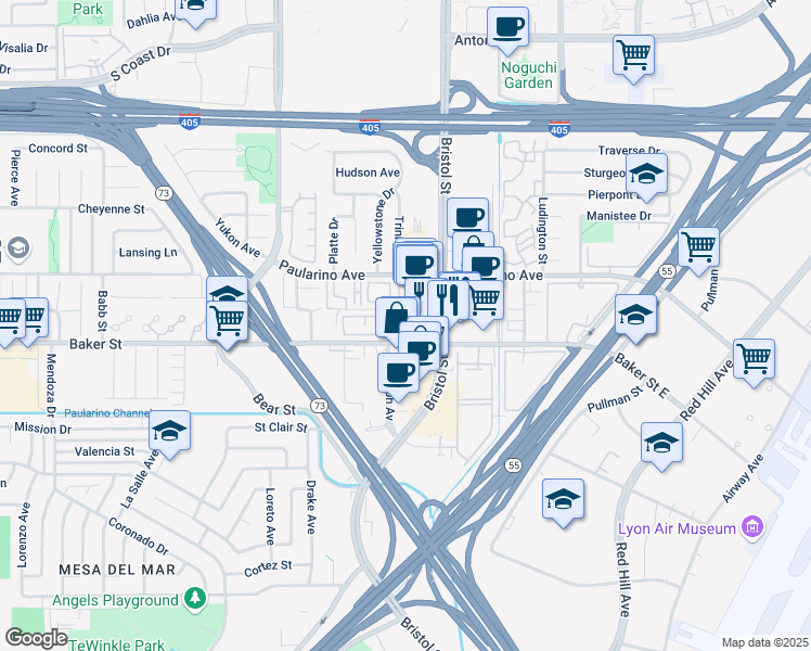 map of restaurants, bars, coffee shops, grocery stores, and more near 3015 Bristol Street in Costa Mesa