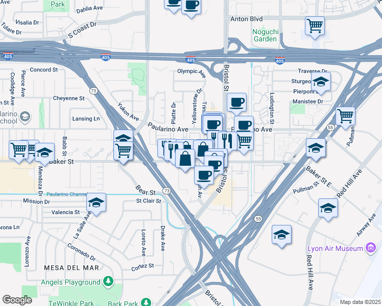 map of restaurants, bars, coffee shops, grocery stores, and more near 743 Grayling Bay in Costa Mesa
