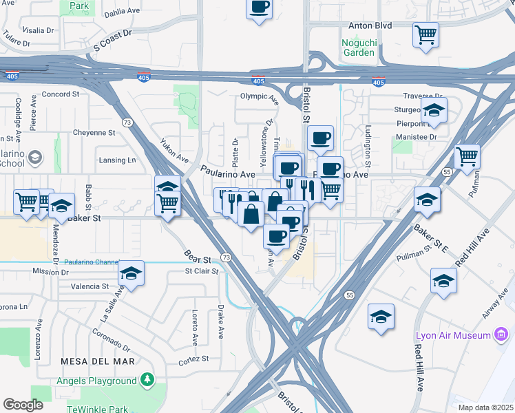 map of restaurants, bars, coffee shops, grocery stores, and more near 743 Grayling Bay in Costa Mesa