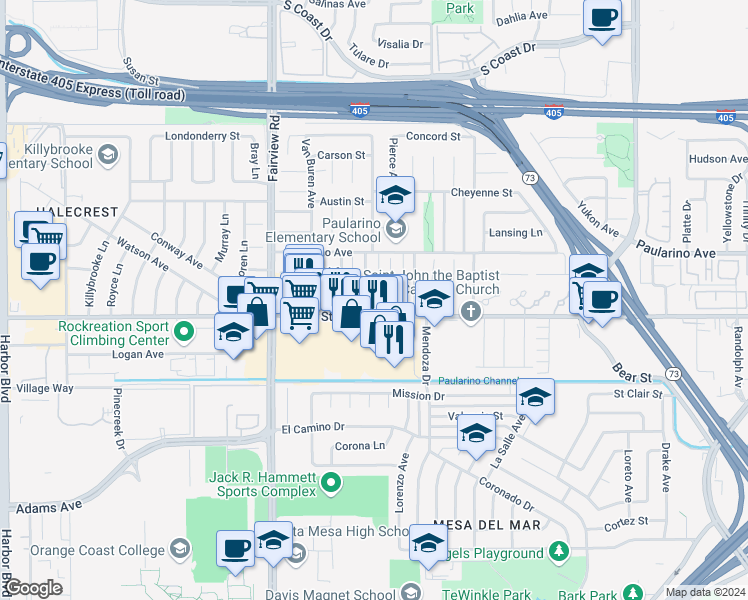 map of restaurants, bars, coffee shops, grocery stores, and more near 3017 Fillmore Way in Costa Mesa