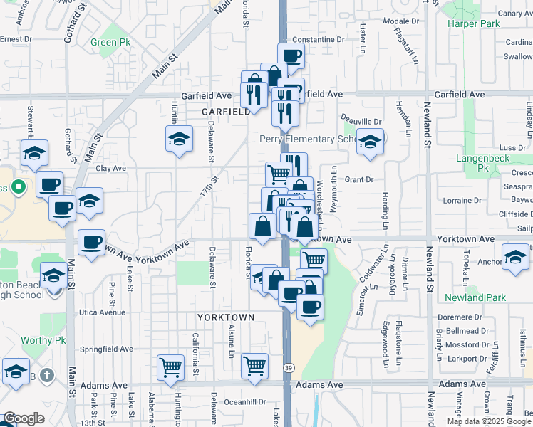 map of restaurants, bars, coffee shops, grocery stores, and more near 718 Williams Drive in Huntington Beach