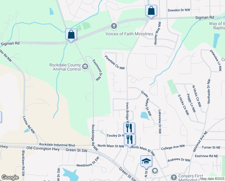 map of restaurants, bars, coffee shops, grocery stores, and more near 1432 Forest Villa Drive Northwest in Conyers
