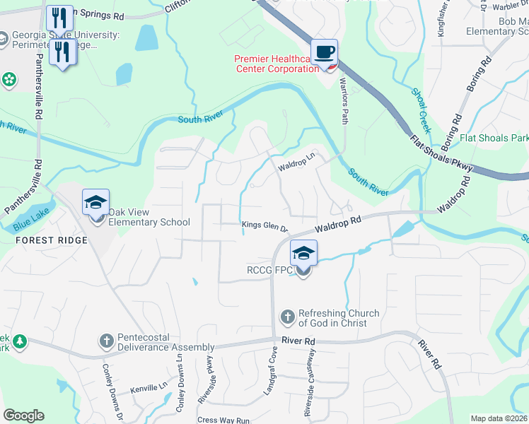 map of restaurants, bars, coffee shops, grocery stores, and more near 3162 Kings Glen Trail in Decatur