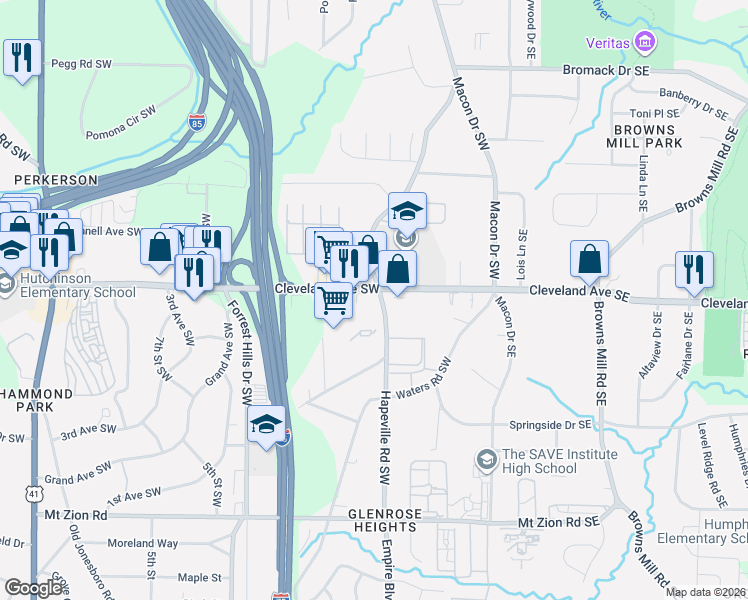 map of restaurants, bars, coffee shops, grocery stores, and more near 150 Cleveland Ave SW in Atlanta