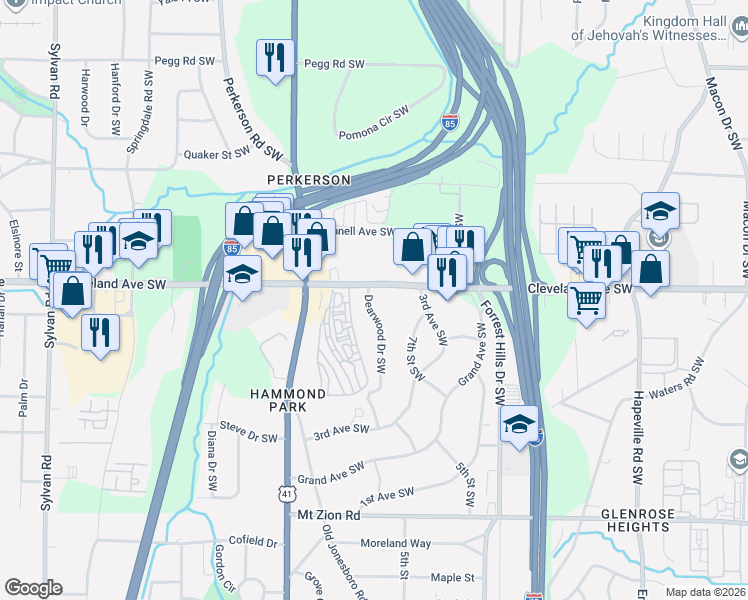 map of restaurants, bars, coffee shops, grocery stores, and more near 494 Cleveland Avenue Southwest in Atlanta