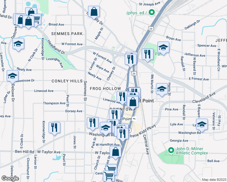 map of restaurants, bars, coffee shops, grocery stores, and more near 2737 Church Street in Atlanta