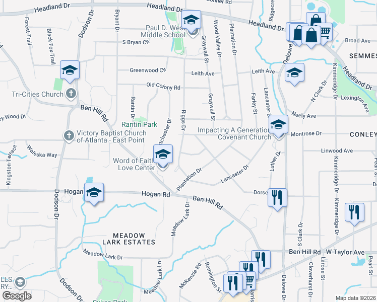 map of restaurants, bars, coffee shops, grocery stores, and more near 2363 Dabney Terrace in East Point