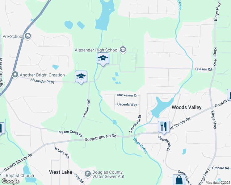 map of restaurants, bars, coffee shops, grocery stores, and more near 6520 Chickasaw Drive in Douglasville