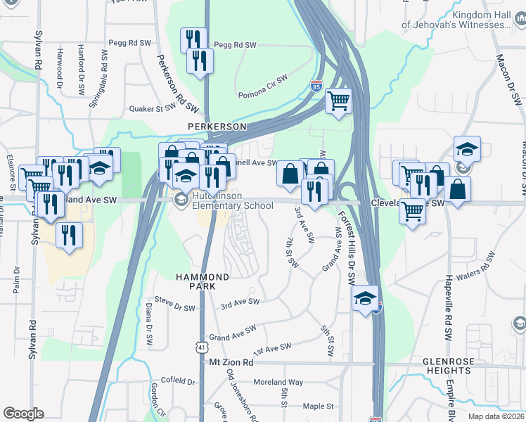map of restaurants, bars, coffee shops, grocery stores, and more near 494 Cleveland Avenue Southwest in Atlanta