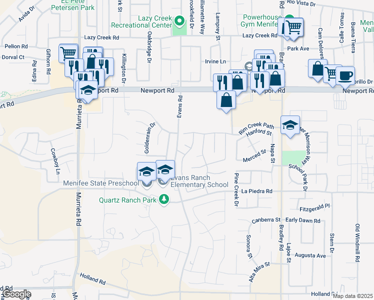 map of restaurants, bars, coffee shops, grocery stores, and more near 26546 Roseate Circle in Menifee