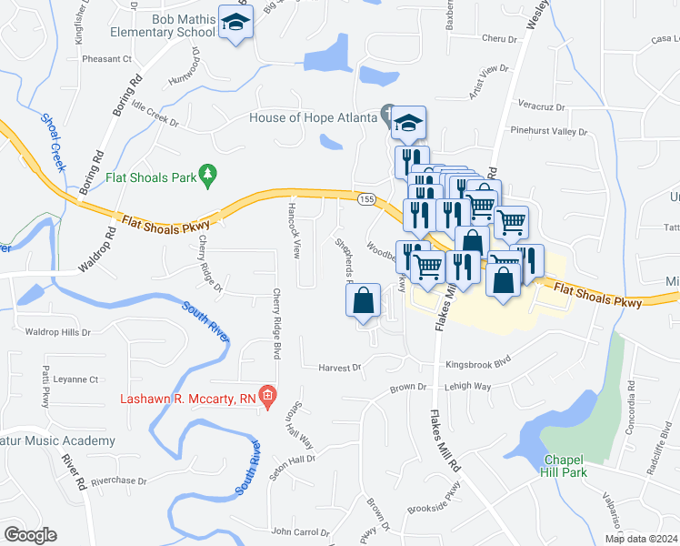 map of restaurants, bars, coffee shops, grocery stores, and more near 3500 Shepherds Path in Decatur