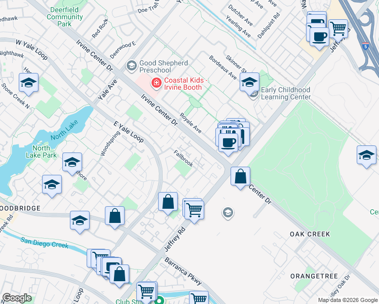 map of restaurants, bars, coffee shops, grocery stores, and more near 19 Ashbrook in Irvine