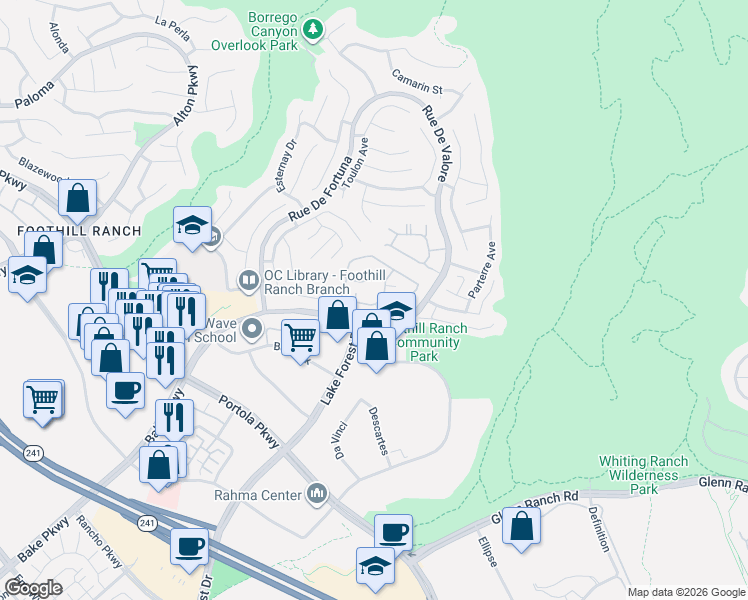 map of restaurants, bars, coffee shops, grocery stores, and more near 19431 Rue De Valore in Lake Forest