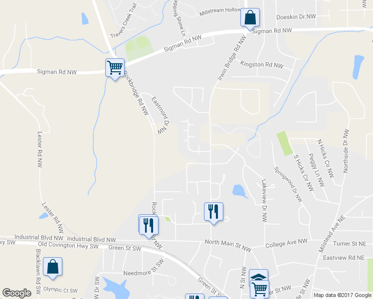 map of restaurants, bars, coffee shops, grocery stores, and more near 1432 Forest Villa Drive Northwest in Conyers