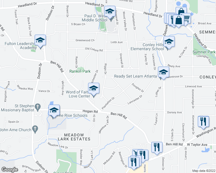 map of restaurants, bars, coffee shops, grocery stores, and more near 2363 Dabney Terrace in East Point