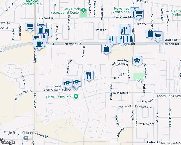 map of restaurants, bars, coffee shops, grocery stores, and more near 30316 Cherry Opal Lane in Menifee