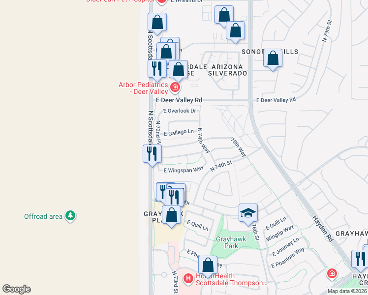map of restaurants, bars, coffee shops, grocery stores, and more near 7328 East Rustling Pass in Scottsdale