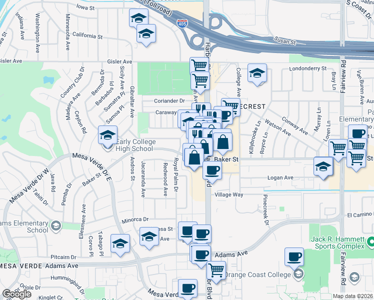 map of restaurants, bars, coffee shops, grocery stores, and more near 3000 Deodar Avenue in Costa Mesa
