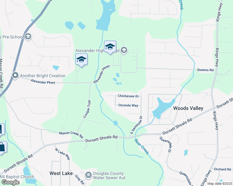 map of restaurants, bars, coffee shops, grocery stores, and more near 6520 Chickasaw Drive in Douglasville