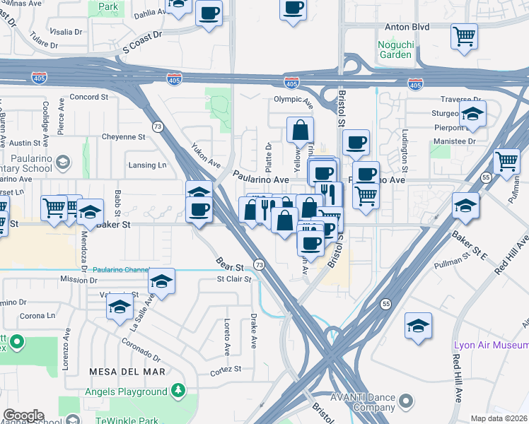 map of restaurants, bars, coffee shops, grocery stores, and more near 807 Grayling Bay in Costa Mesa