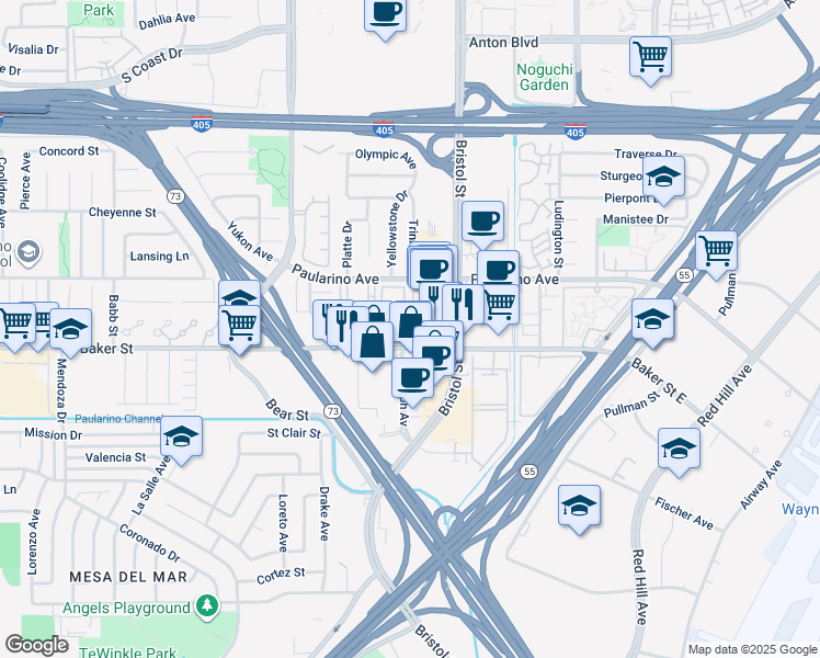 map of restaurants, bars, coffee shops, grocery stores, and more near 3021 Croyden Bay in Costa Mesa