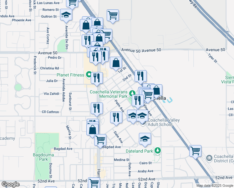 map of restaurants, bars, coffee shops, grocery stores, and more near 1449 3rd Street in Coachella