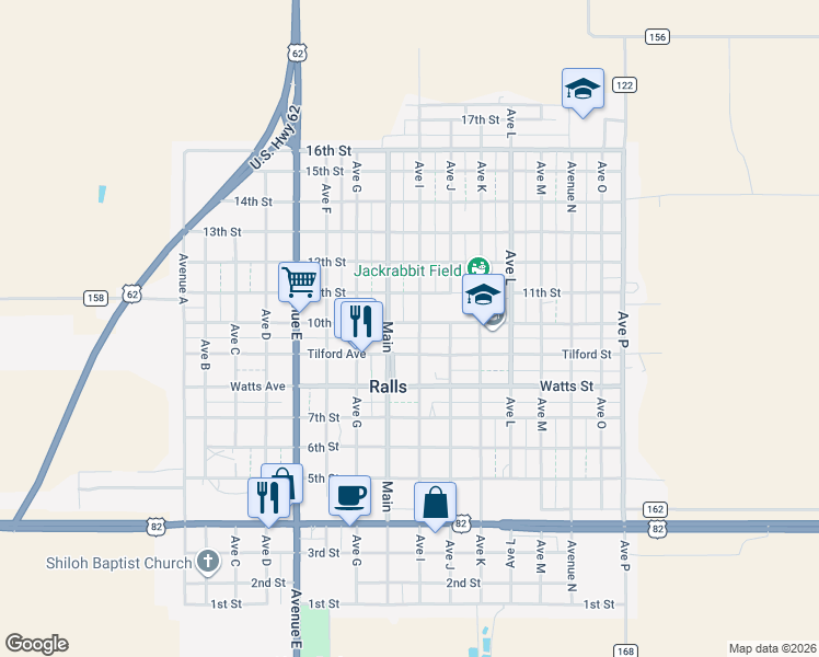 map of restaurants, bars, coffee shops, grocery stores, and more near 1107 10th Street in Ralls