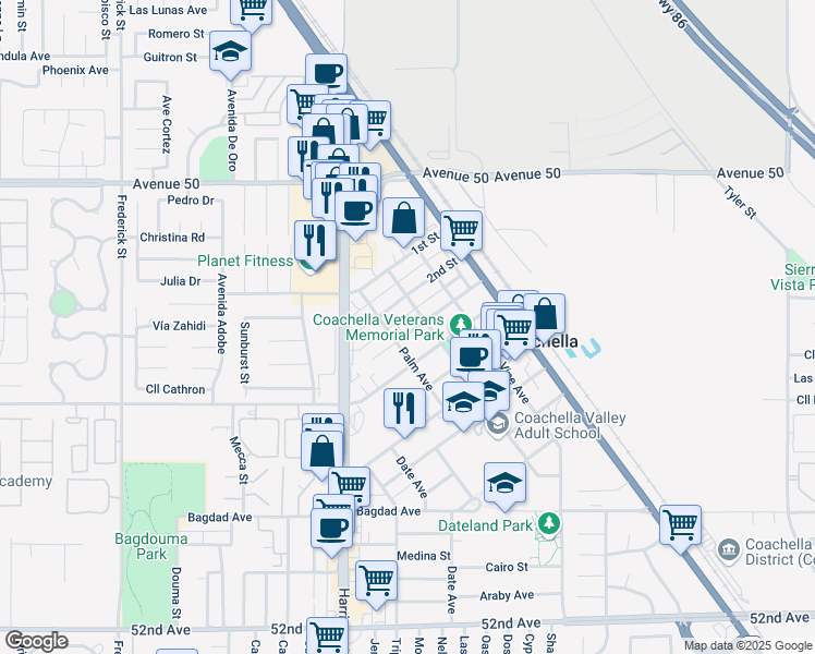 map of restaurants, bars, coffee shops, grocery stores, and more near 1449 3rd Street in Coachella