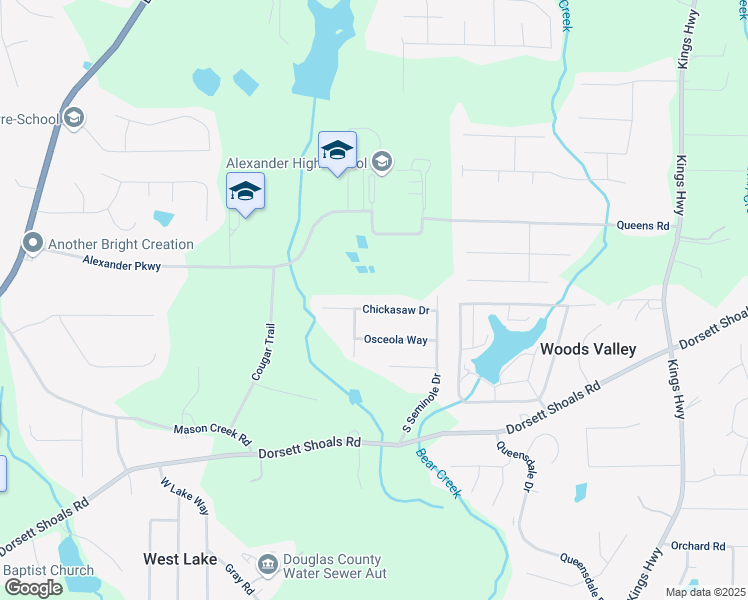 map of restaurants, bars, coffee shops, grocery stores, and more near 6500 Chickasaw Drive in Douglasville