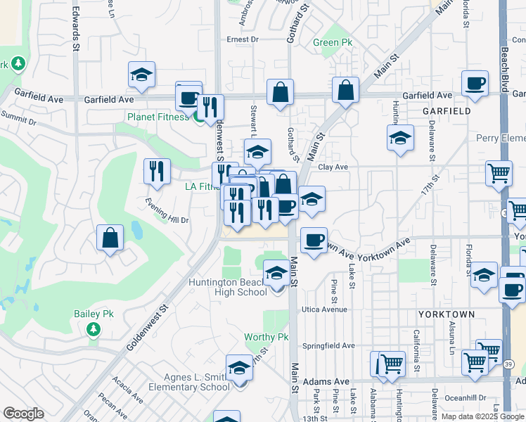 map of restaurants, bars, coffee shops, grocery stores, and more near 7151 Yorktown Avenue in Huntington Beach