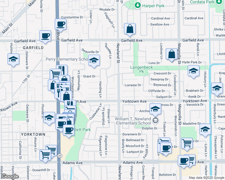 map of restaurants, bars, coffee shops, grocery stores, and more near 8432 Danbury Circle in Huntington Beach