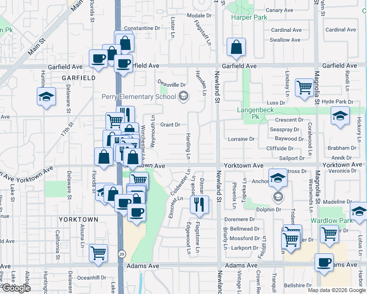 map of restaurants, bars, coffee shops, grocery stores, and more near 19392 Harding Lane in Huntington Beach