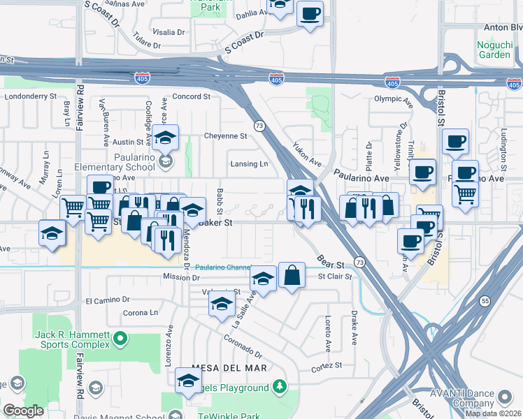 map of restaurants, bars, coffee shops, grocery stores, and more near 923 Lombard Court in Costa Mesa