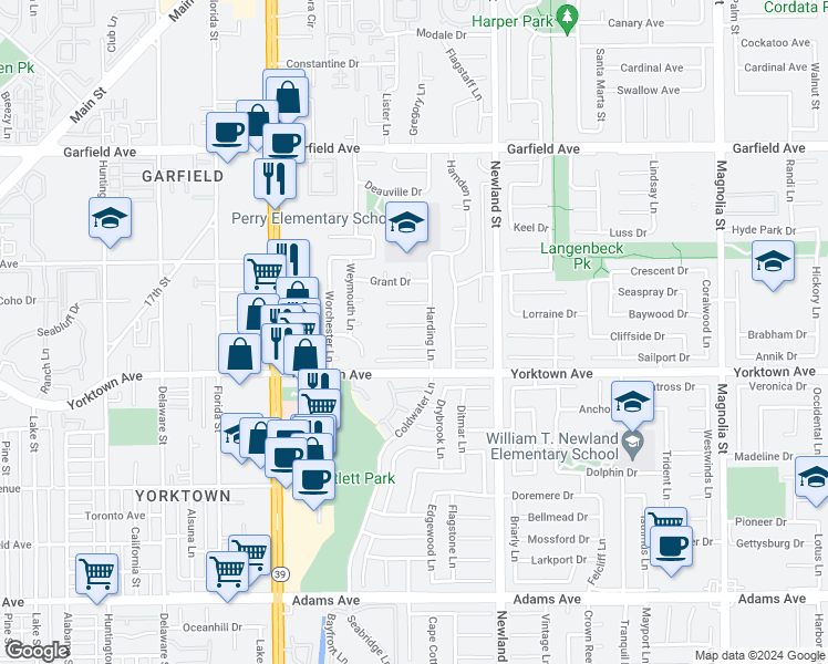 map of restaurants, bars, coffee shops, grocery stores, and more near 8302 Tyler Circle in Huntington Beach