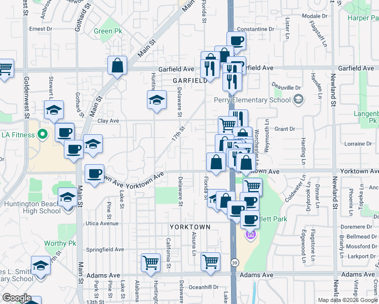 map of restaurants, bars, coffee shops, grocery stores, and more near 2628 Delaware Street in Huntington Beach