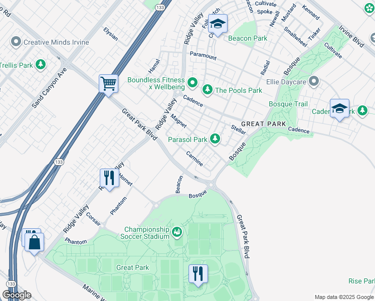 map of restaurants, bars, coffee shops, grocery stores, and more near 155 Carmine in Irvine