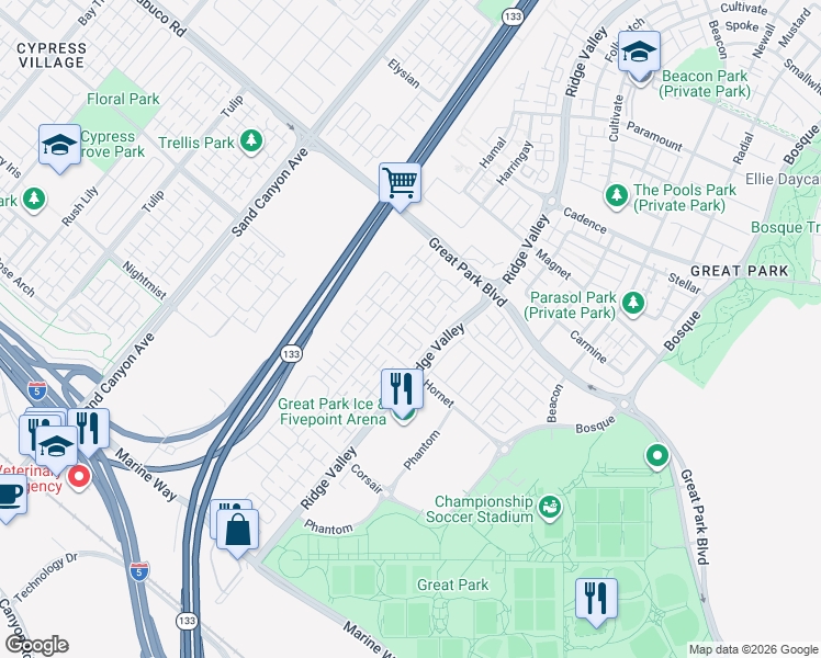 map of restaurants, bars, coffee shops, grocery stores, and more near 128 Briarberry in Irvine