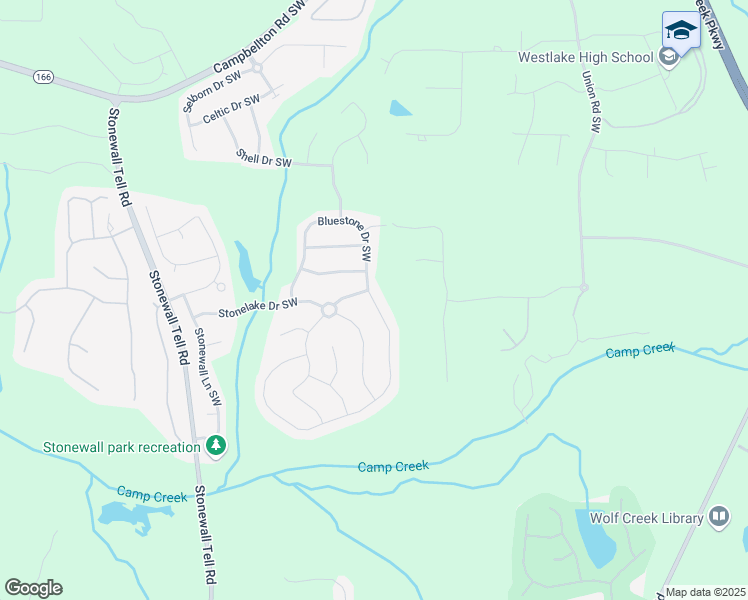 map of restaurants, bars, coffee shops, grocery stores, and more near Bluestone Drive Southwest in Atlanta