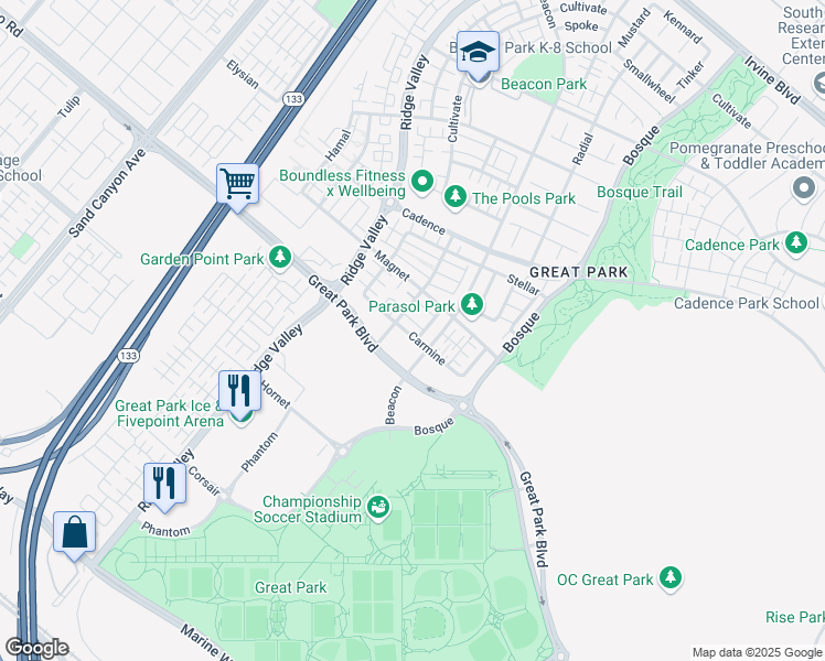 map of restaurants, bars, coffee shops, grocery stores, and more near 155 Carmine in Irvine