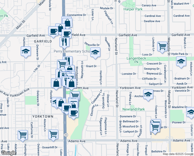 map of restaurants, bars, coffee shops, grocery stores, and more near 8302 Tyler Circle in Huntington Beach