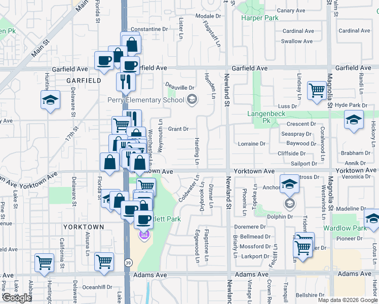 map of restaurants, bars, coffee shops, grocery stores, and more near 8302 Tyler Circle in Huntington Beach