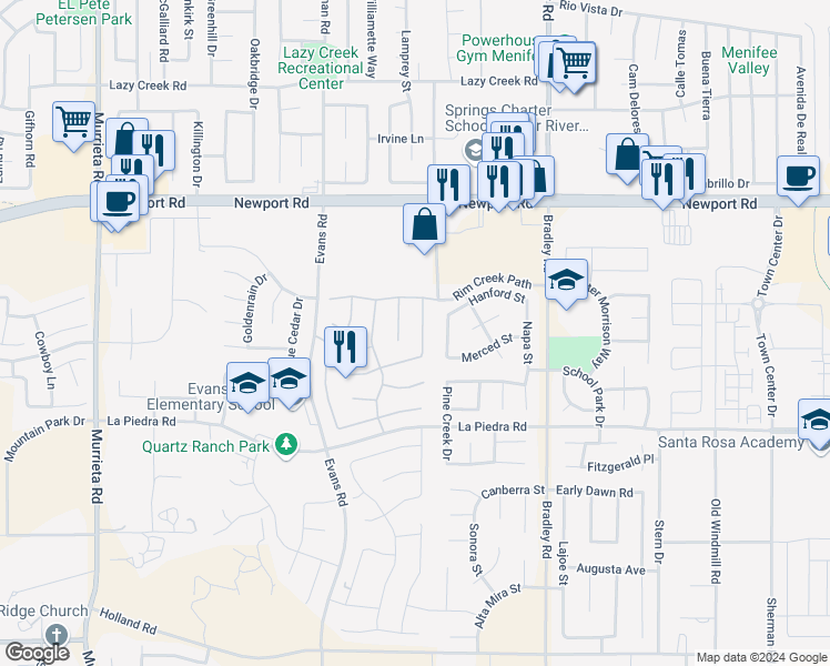 map of restaurants, bars, coffee shops, grocery stores, and more near 30321 Coralium Way in Menifee