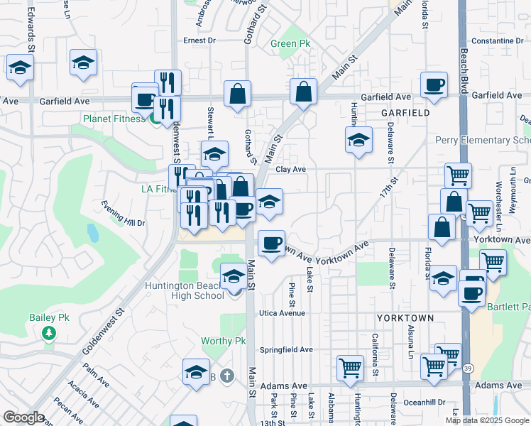 map of restaurants, bars, coffee shops, grocery stores, and more near 2130 Main Street in Huntington Beach