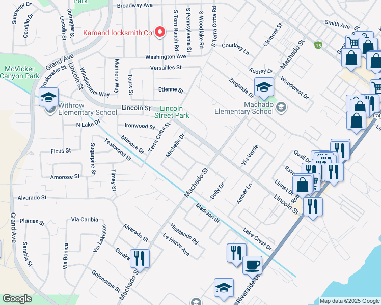 map of restaurants, bars, coffee shops, grocery stores, and more near 15068 Christina Court in Lake Elsinore